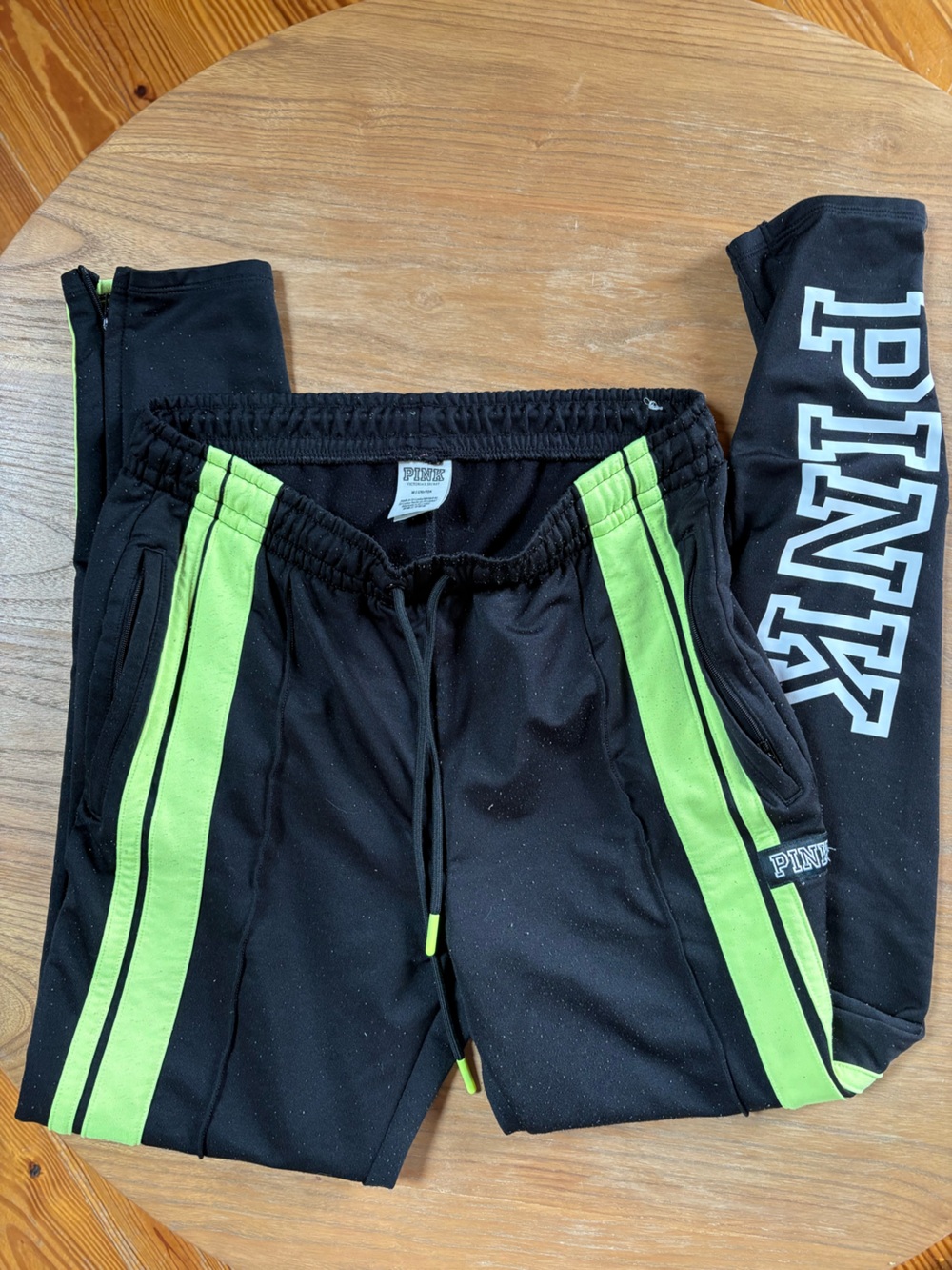 PINK Victoria's Secret Black Sweatpants with Neon Green Stripes